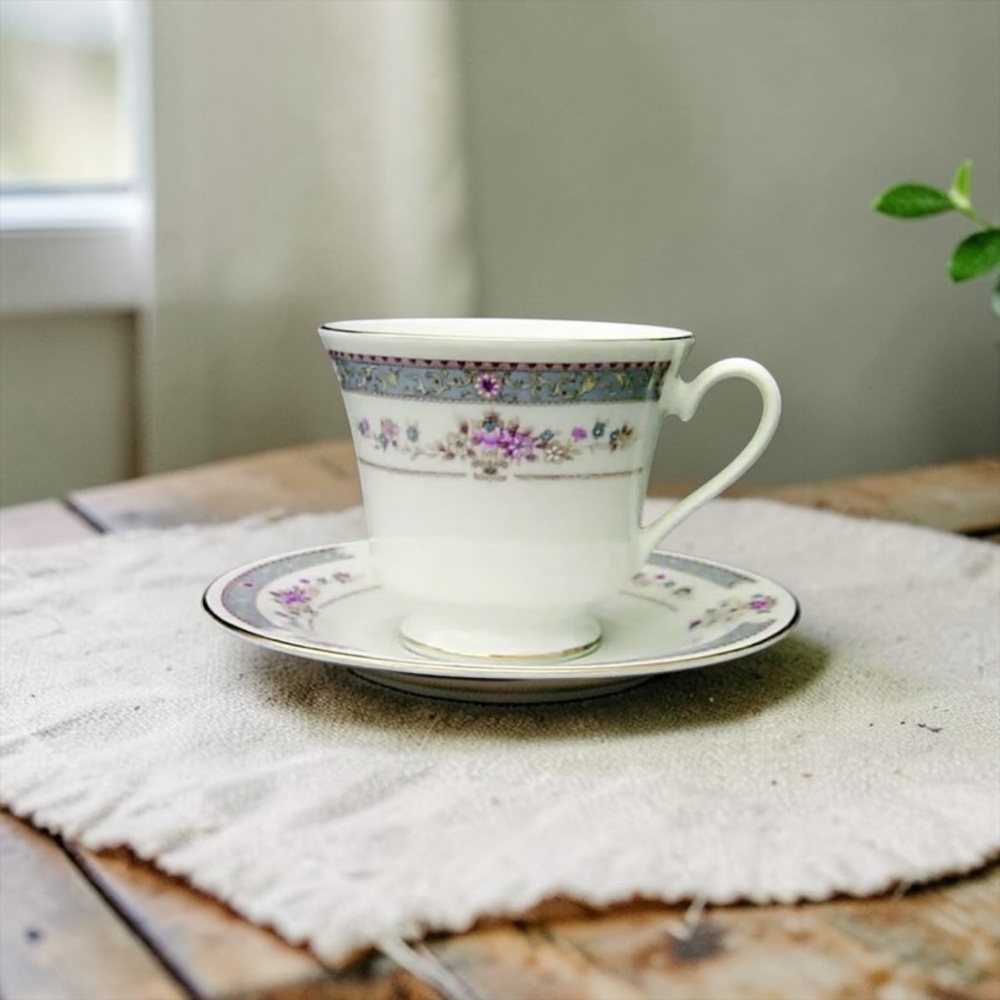 Crescent Fine China White Teacup with Black Logo